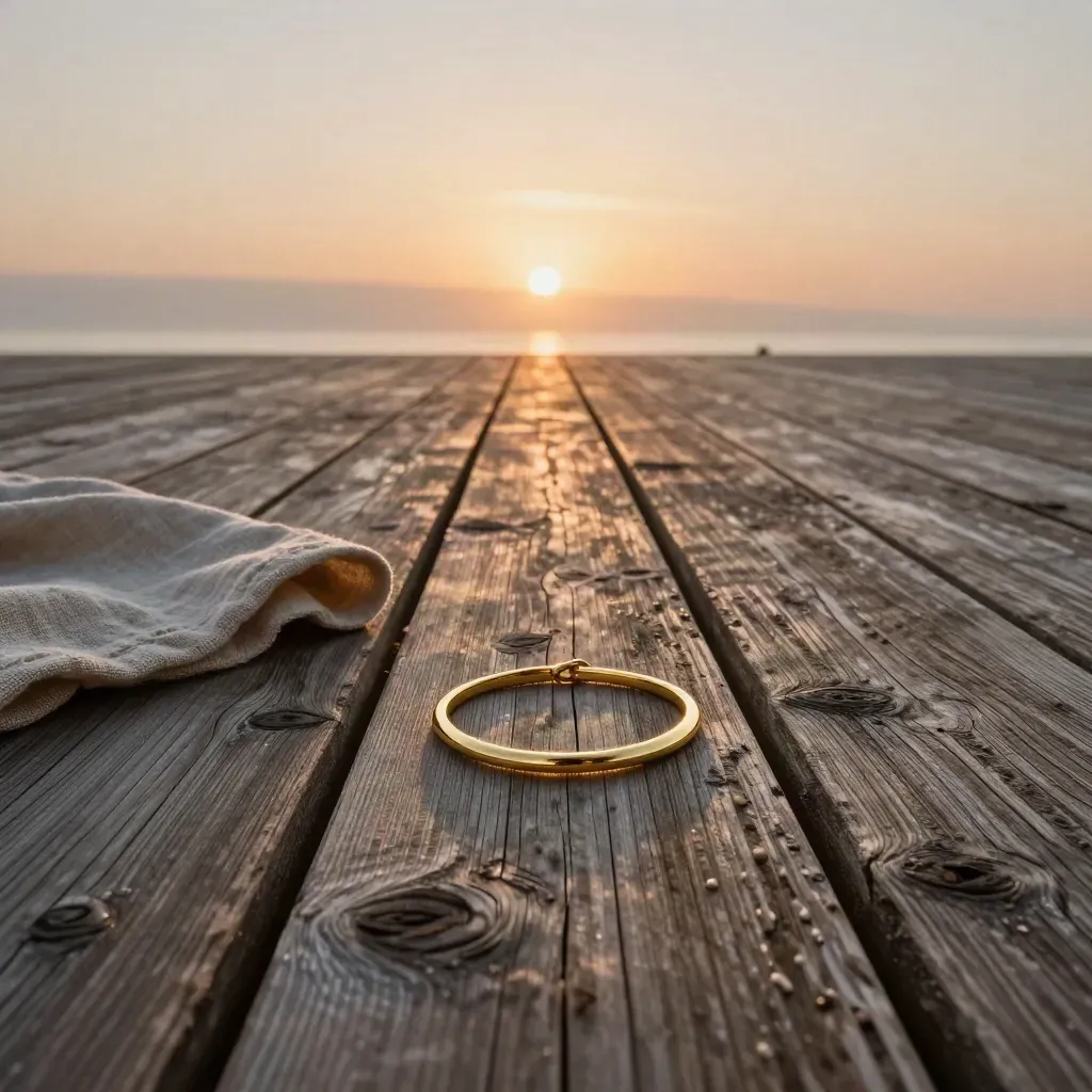 Altes Holzdeck mit Bracelet-Schlaufe, Leinentuch und warmem Horizont im Morgenlicht.