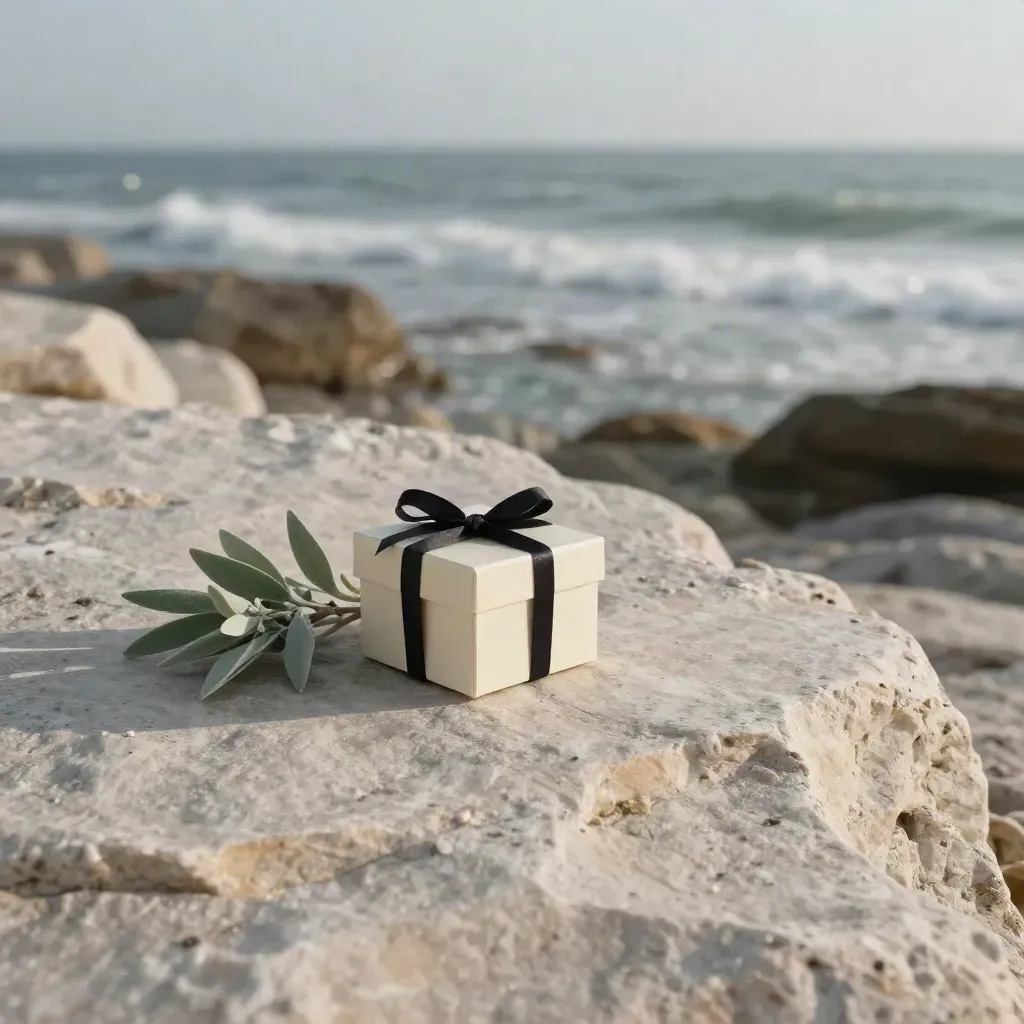 Pale Küstenfels mit Geschenkbox und Grünzweig im sanften Dunst