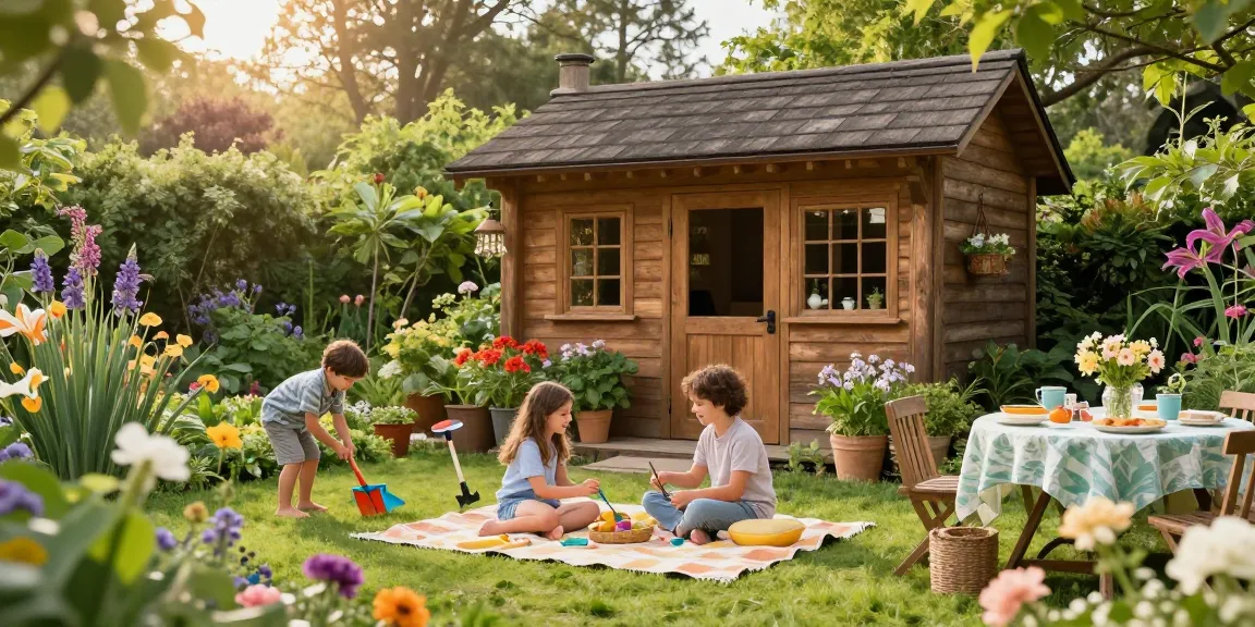 Schönes Gartenhaus umgeben von bunten Blumen, Familie genießt Picknick im Freien.