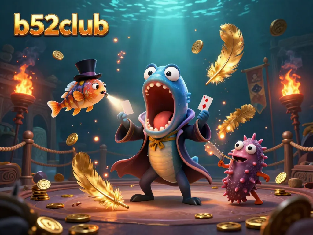 B52club showcases a vibrant underwater casino scene with magical sea creatures performing tricks, enhancing the gambling experience.