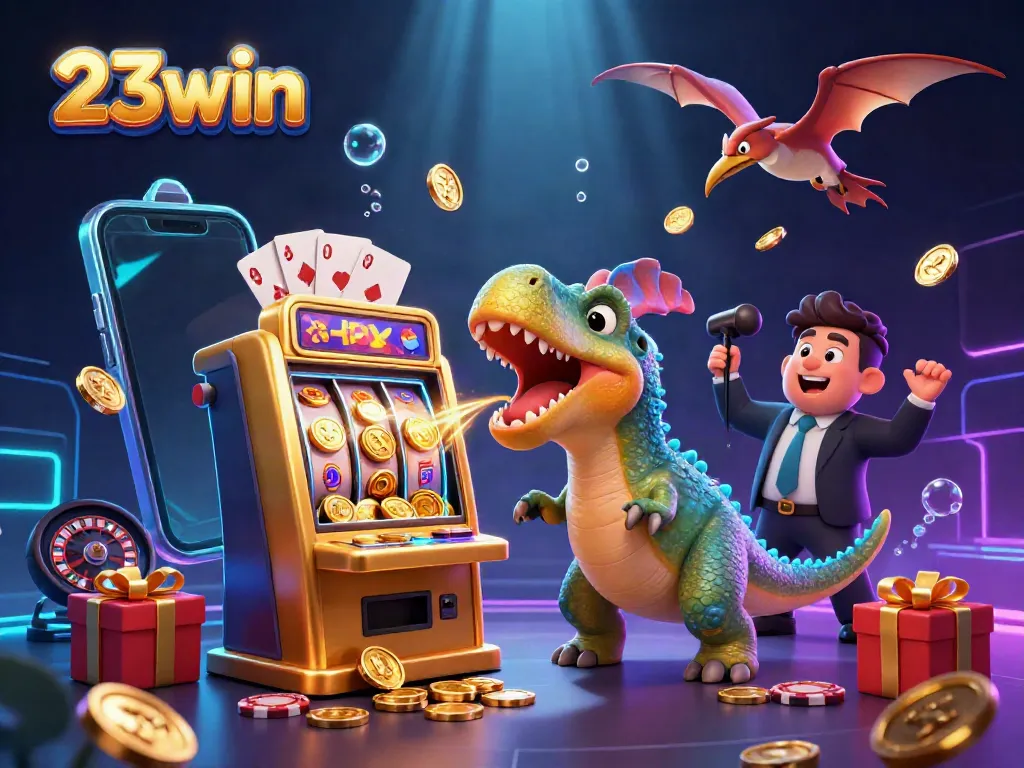 Experience big wins at 23win with a lively casino scene featuring vibrant characters and gold coins.