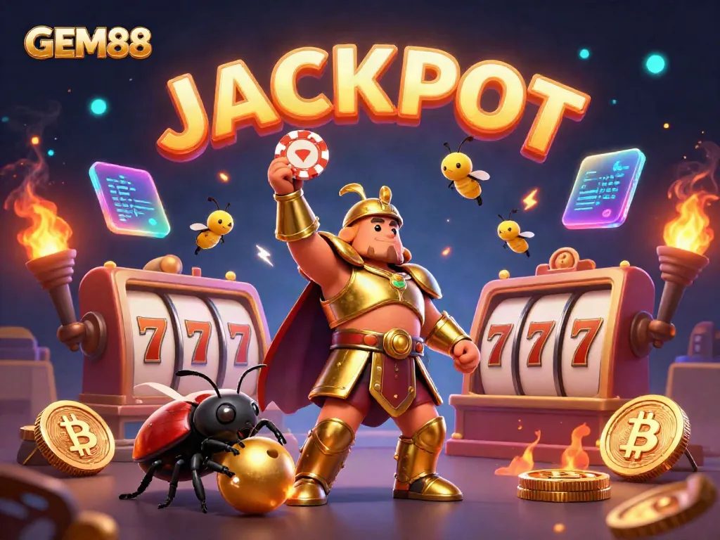 Engaging GEM88 illustration featuring a golden-armored beetle amid vibrant casino elements.
