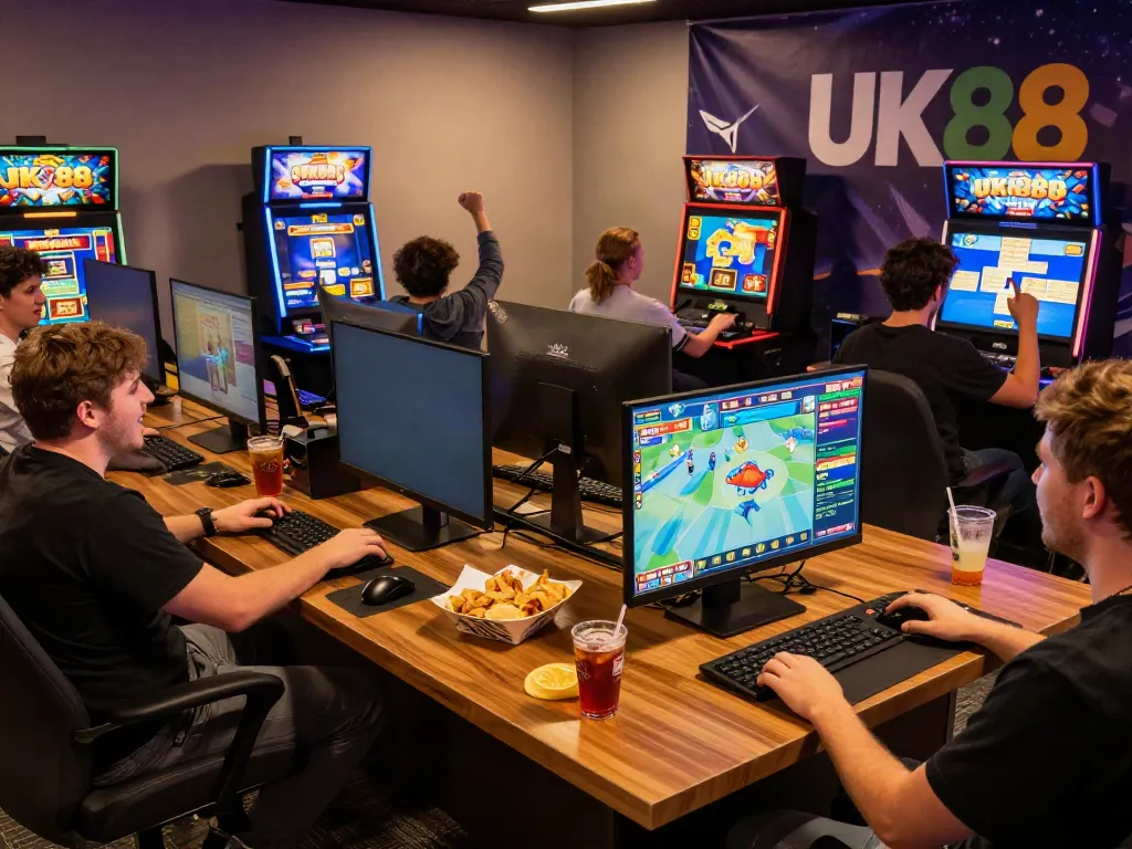 Exciting gameplay moment at UK88 platform showcasing players engaging with 3D fish shooting and slot games, vibrant atmosphere.