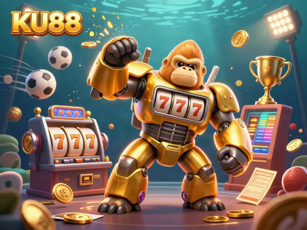 Engage in winning opportunities at KU88 with an explosive scene featuring a golden gorilla mech surrounded by casino and sports elements.