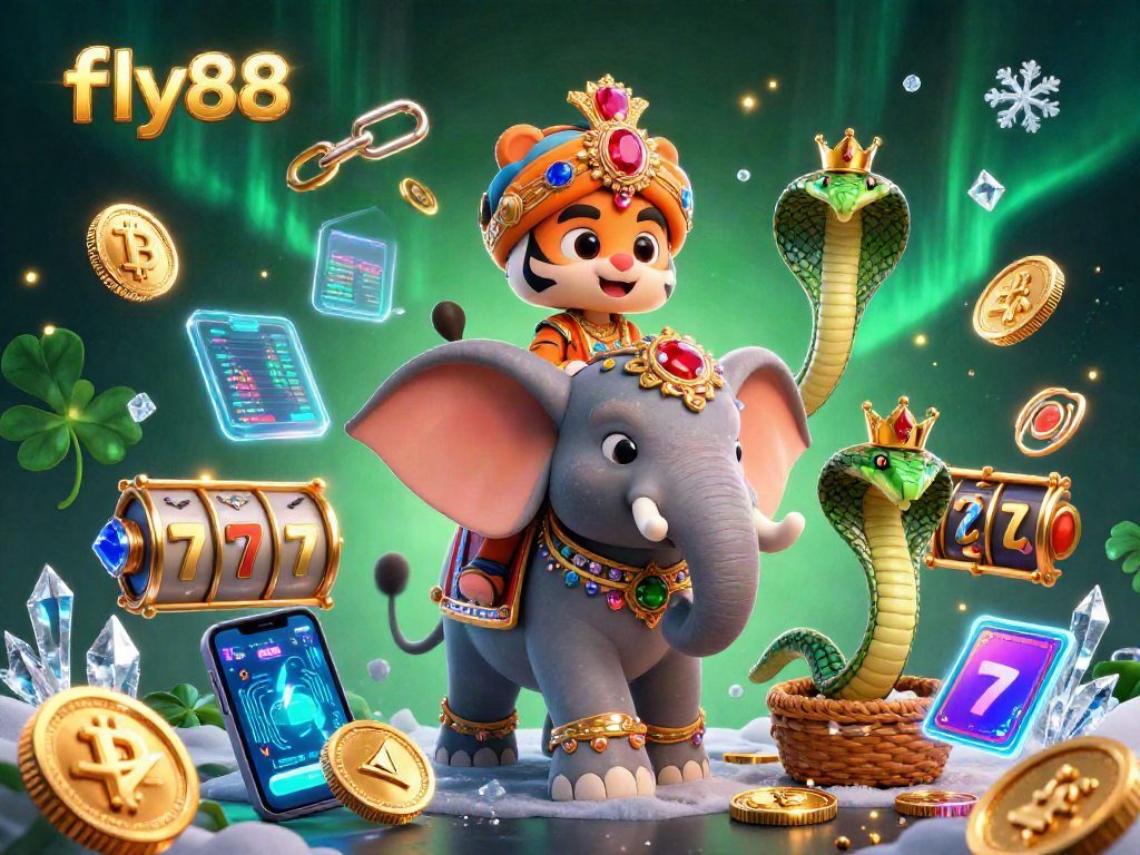 Experience the thrill of fly88 with a vibrant 3D casino scene featuring a maharaja, elephant, and crypto coins.