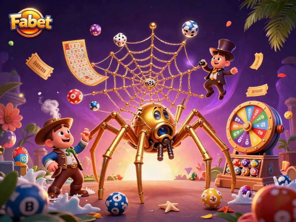 Engage with Fabet's thrilling gaming world, featuring a steampunk spider and golden web immersed in vibrant lottery elements.