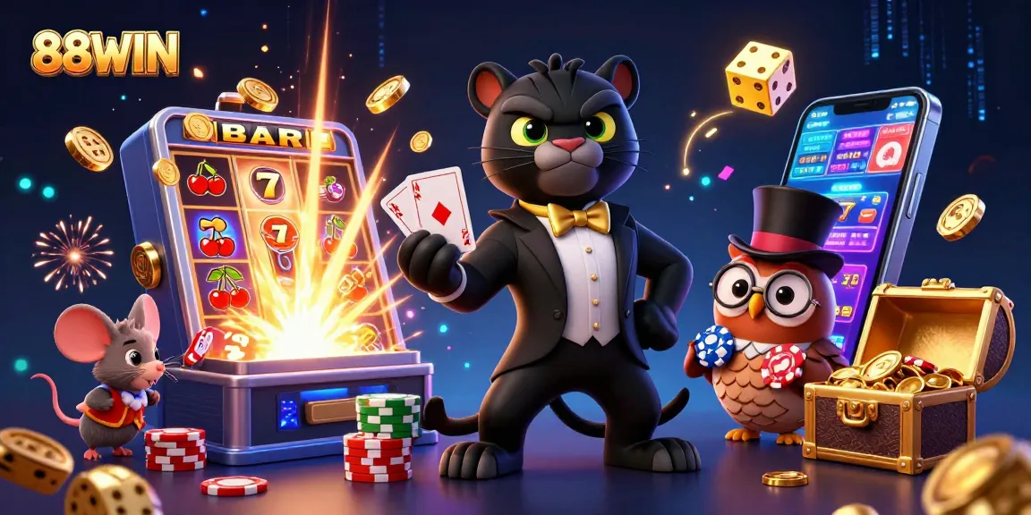 Experience thrilling gameplay with 88WIN in this vibrant casino scene featuring playful characters.