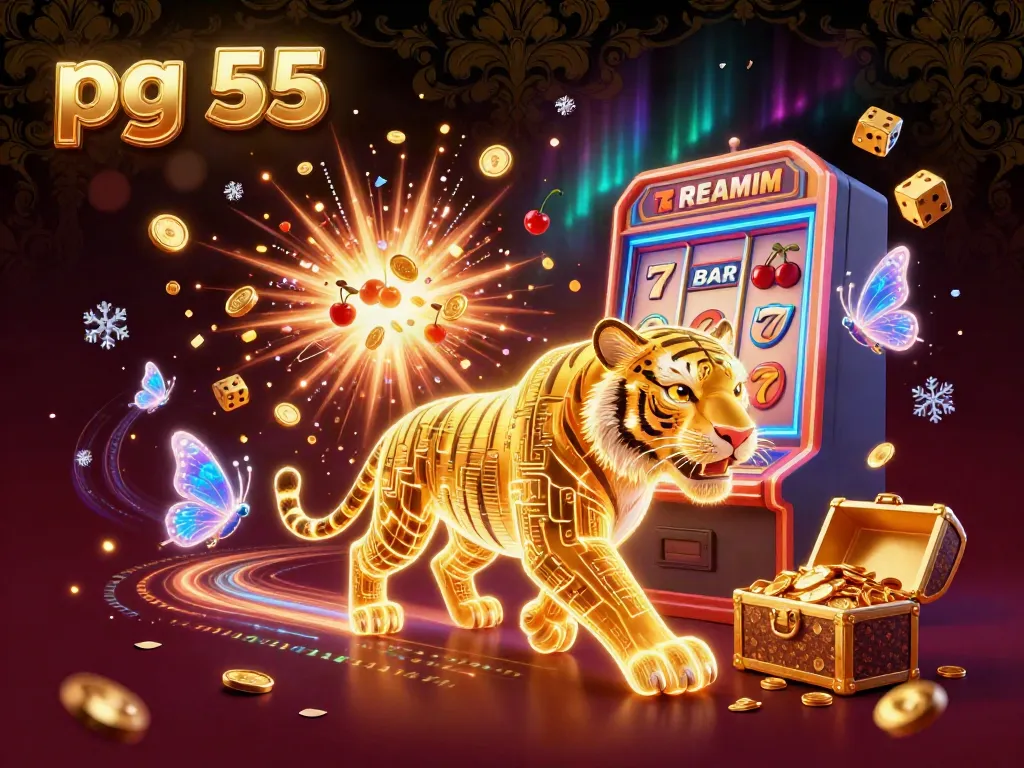 Experience the thrill of pg 55 gaming amidst vibrant slot machines and a jackpot explosion.