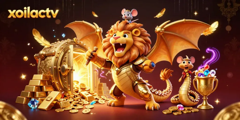 Xoilactv showcases a legendary chimera creature surrounded by dazzling treasures, emphasizing thrilling betting excitement.