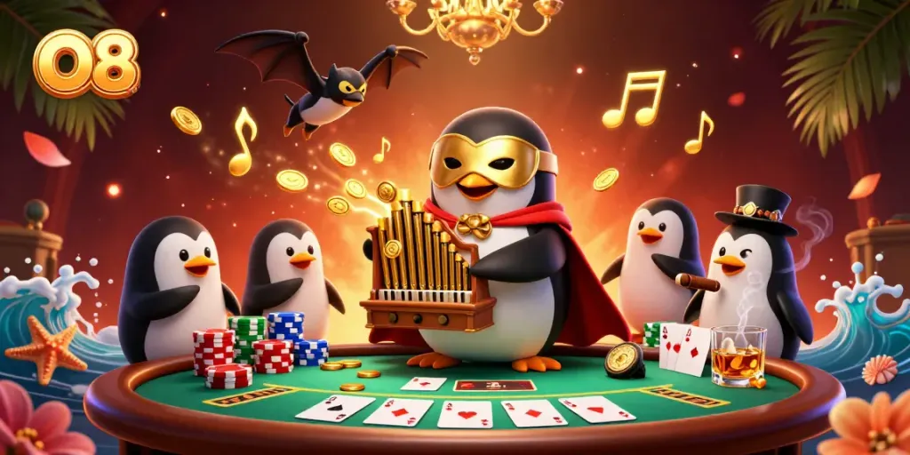 Immerse in O8's exciting gambling scene with a playful penguin and bat in a festive casino backdrop.