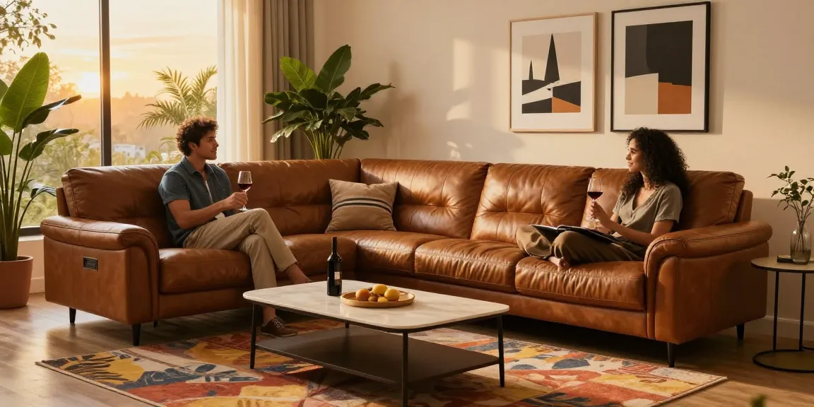 Baxter Ledersofa in einem gemütlichen Wohnzimmer mit einem Paar, das Wein genießt, stilvollem Dekor und warmem Licht.
