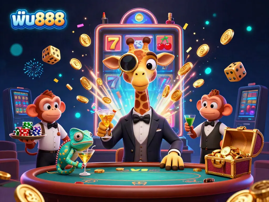 ฟัน888 jackpot scene with a giraffe, monkey, and chameleon creating winning moments at the casino.