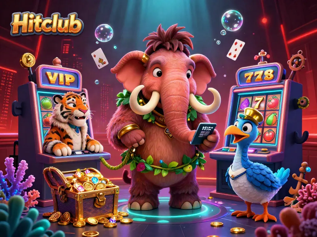 Engaging illustration showcasing Hitclub's vibrant casino scene with unique animal characters and dynamic game elements.