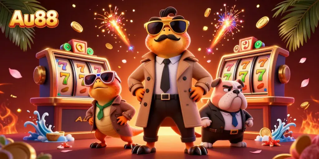 Experience thrilling gameplay at Au88 with cartoon raptors trying to enter a VIP casino lounge.