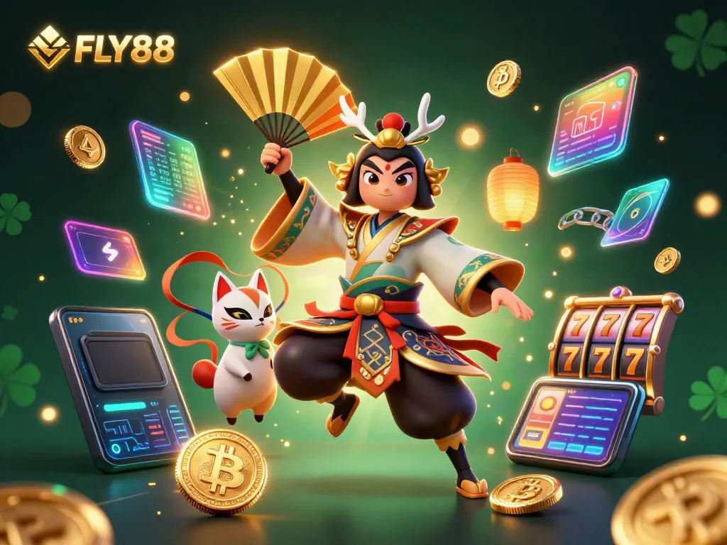 Experience FLY88's vibrant casino scene with kabuki warrior and crypto elements.