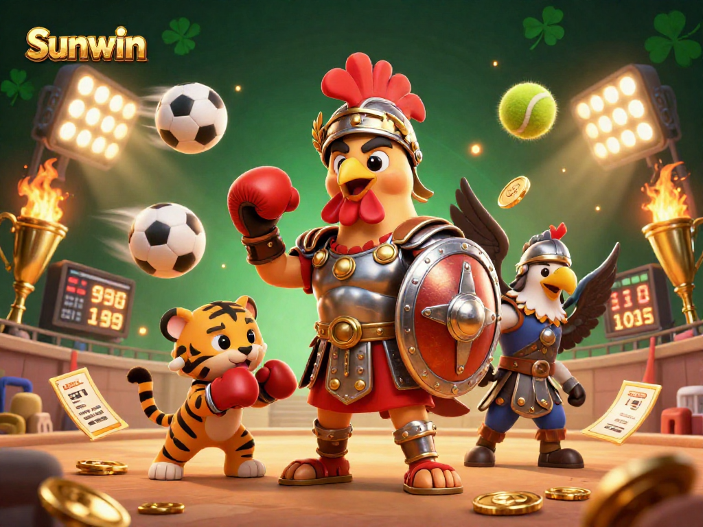 Experience competitive gaming action with Sunwin's vibrant 3D illustration featuring sports elements and gaming excitement.