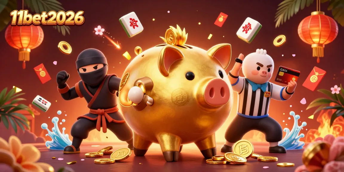 Engage in epic gaming action with 11bet2026 featuring a golden piggy bank sumo wrestler and dynamic casino elements.