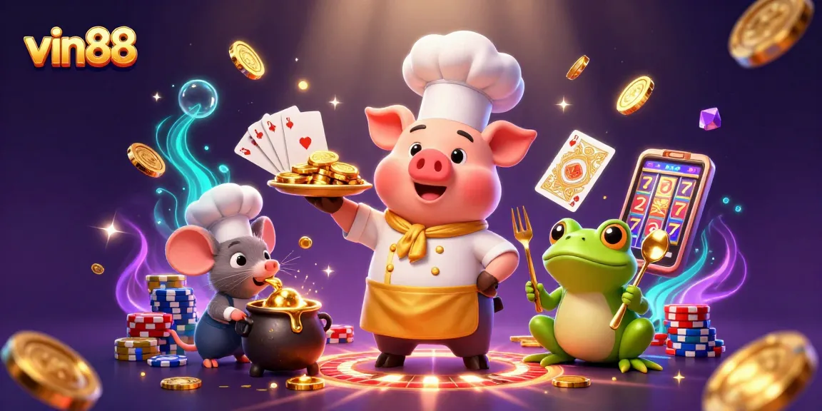 vin88 casino scene featuring a chef pig serving gold coins with a dynamic gambling atmosphere
