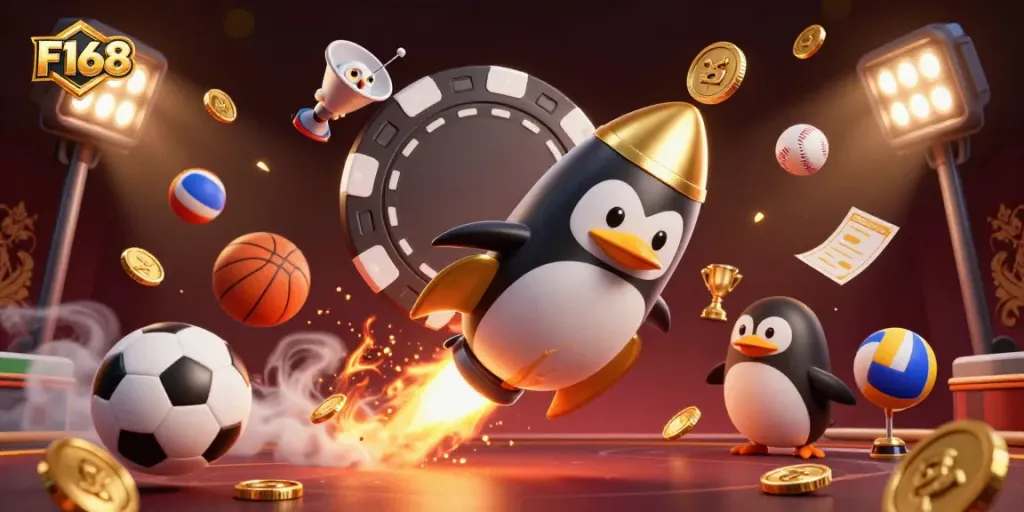 Experience the thrill of F168 casino gaming with our dynamic superhero penguin illustration.
