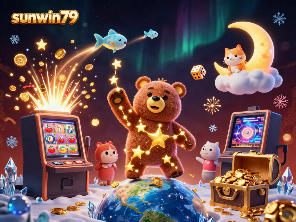 Engaging sunwin79 themed image of a constellation bear and celestial companions in a vibrant casino environment