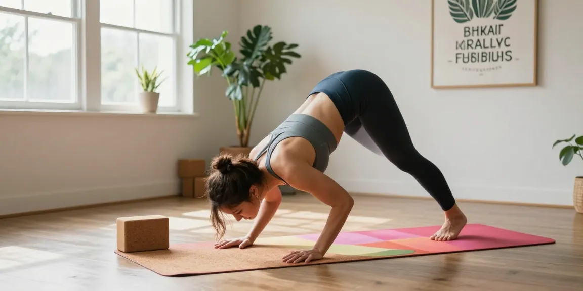Engaging yoga session with a personalized Yogamatte Set mit Block, showcasing natural cork materials and vibrant colors.