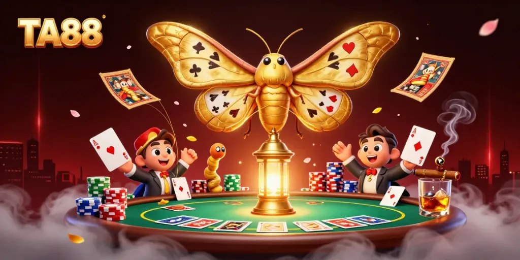 Experience exciting gambling at TA88 with a vibrant casino scene showcasing poker elements and a majestic moth.