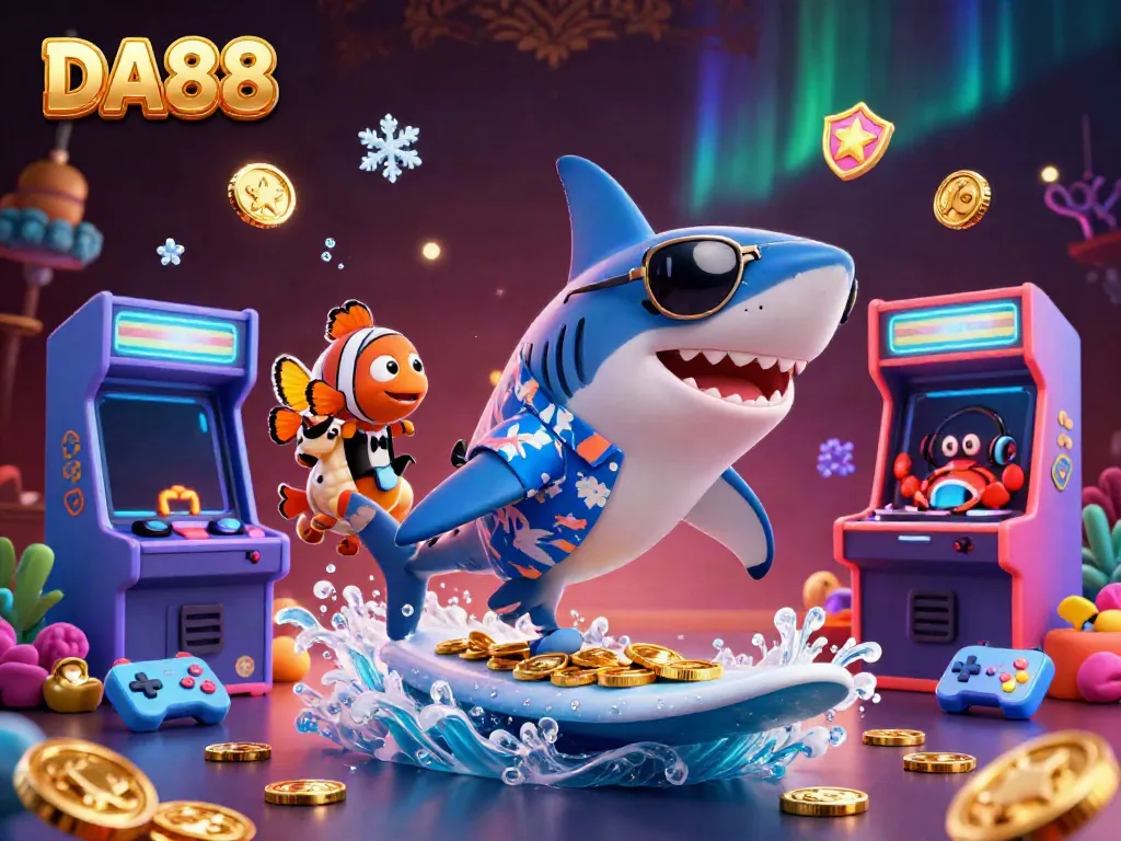 Catch the thrill with DA88! Exciting shark surfing scene filled with colorful casino elements.