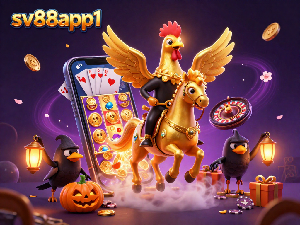 Experience sv88app1's magical midnight casino with a golden rooster and vibrant gaming elements.