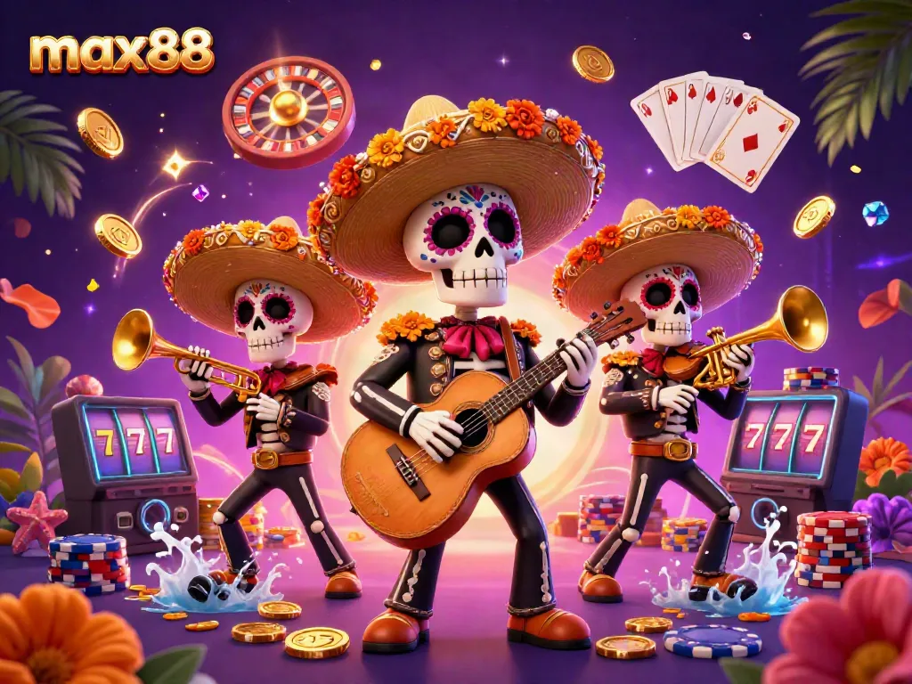 Experience the excitement at max88 with vibrant scenes of a mariachi band amidst dynamic casino elements.