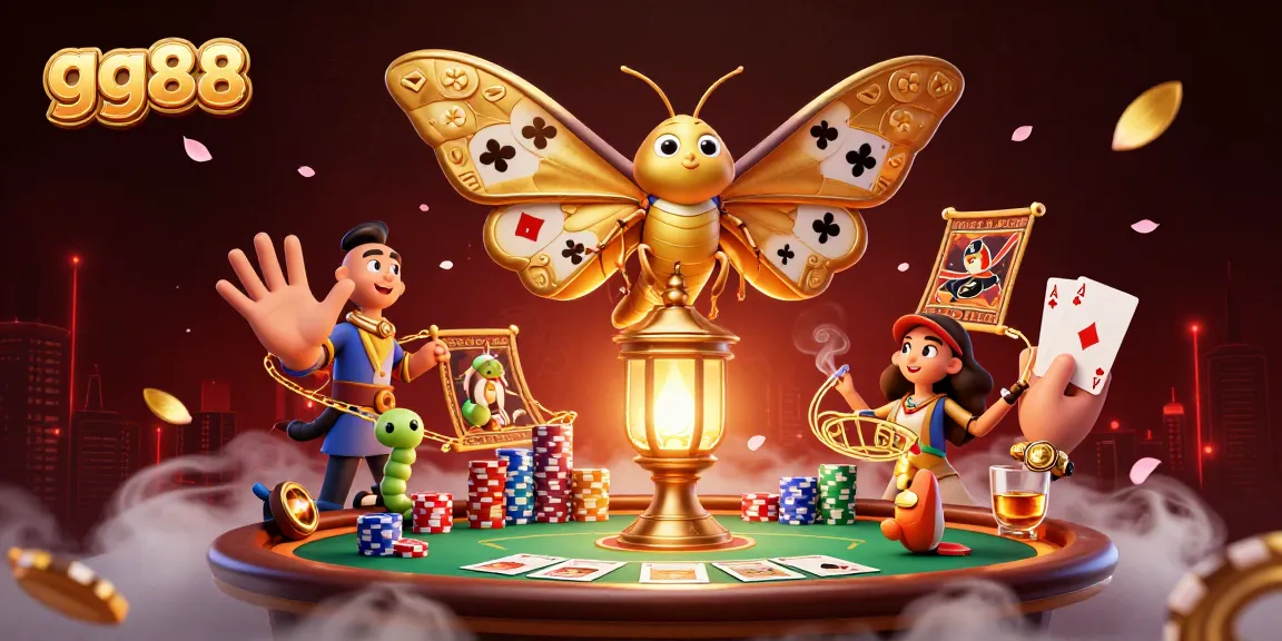 Experience the excitement of gg88 casino with vibrant poker tables and golden moths in a 3D fantasy.