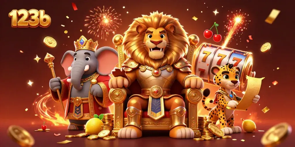 Win big with 123b in a vibrant casino scene featuring a lion king and exciting game elements.