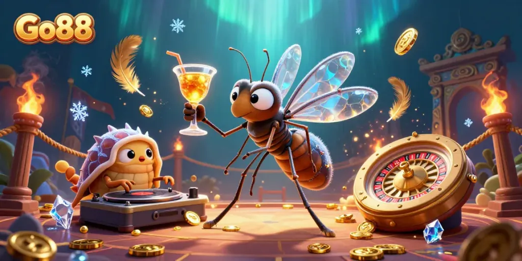 Engage with Go88's vibrant gambling universe featuring unique characters and golden casino elements.