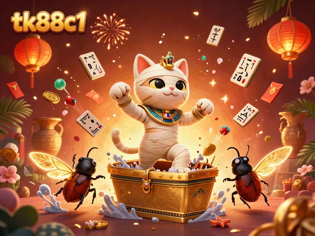 Engaging scene with tk88c1's Egyptian mummy cat and scarab beetle, vibrant casino elements adding excitement.