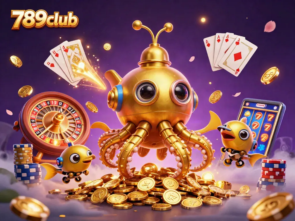 Action-packed scene with 789club's golden kraken and casino elements sparking excitement for players.