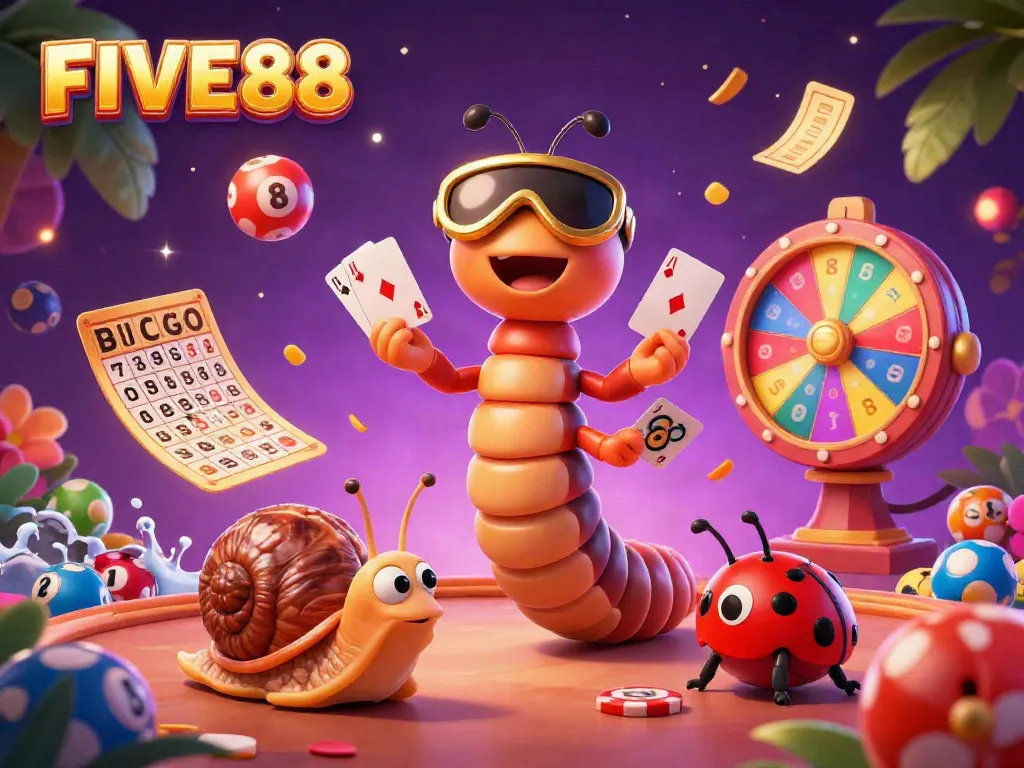 Experience the excitement of FIVE88 with a vibrant casino scene featuring colorful cards and lively characters.