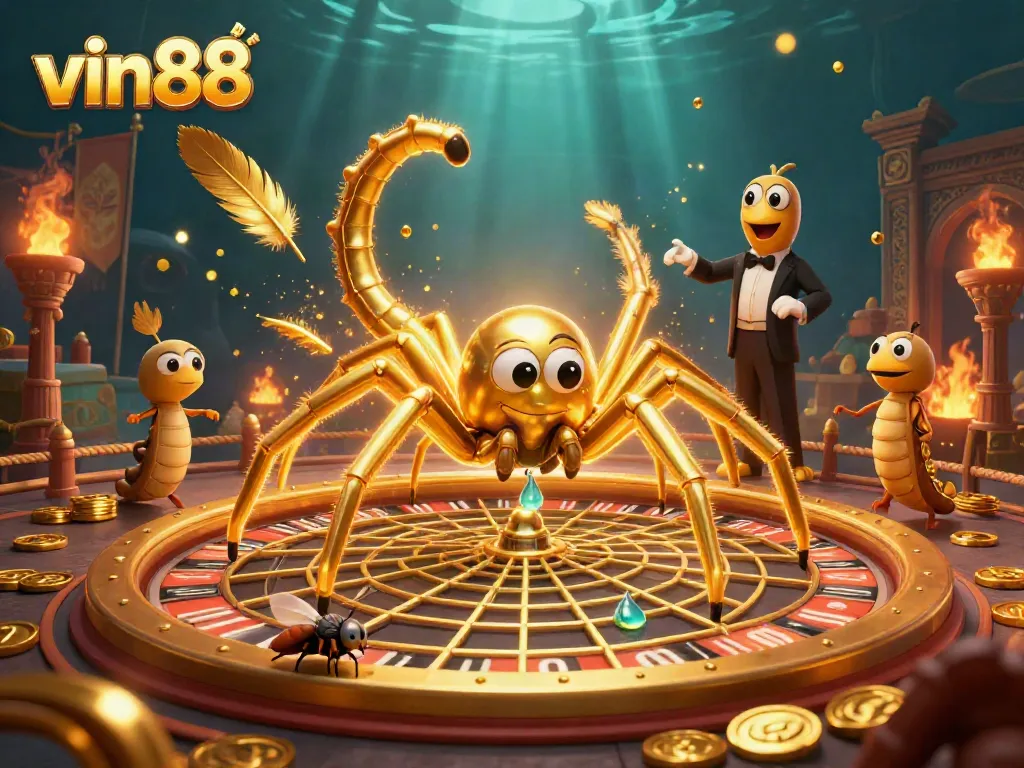 Experience thrilling betting excitement with vin88 in this vibrant casino-themed illustration featuring a roulette wheel and dynamic characters.