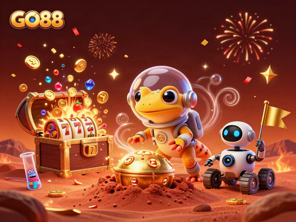 Engage in GO88's dynamic casino adventure with Martian gecko and golden slot reels!