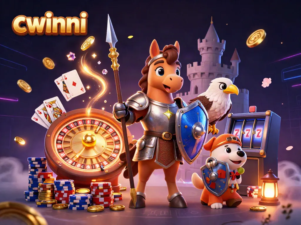 Bet and win with cwinni in a vibrant casino-themed scene with a knight, puppy, and falcon.