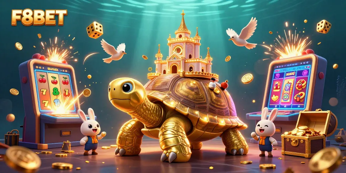 Experience thrilling wins with F8BET at a vibrant casino scene featuring a golden tortoise and rabbit dealer