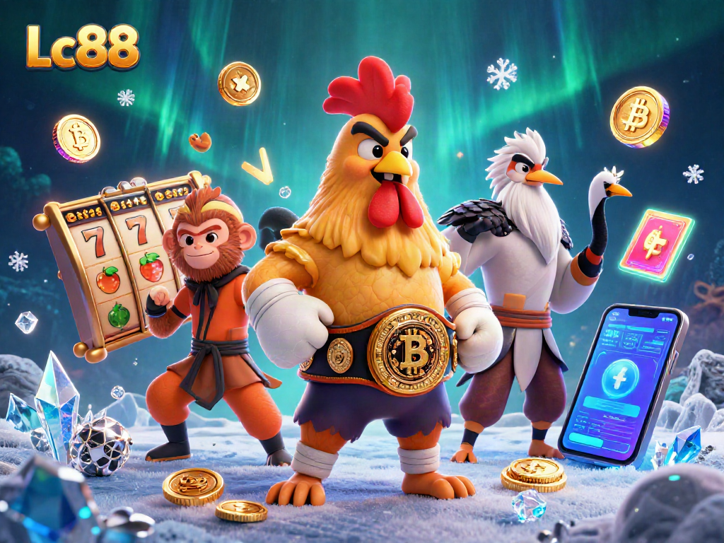 Engage with thrilling Lc88 slot adventures featuring vibrant characters and glowing crypto elements.