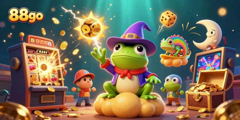 Experience the excitement of 88go as a magical frog creates a coin storm in a vibrant casino scene.