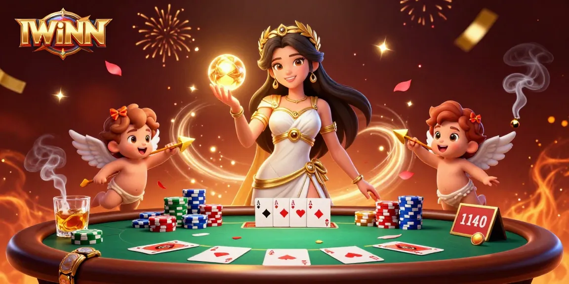 Bet on IWINN with a goddess and cherubs in a vibrant casino scene.