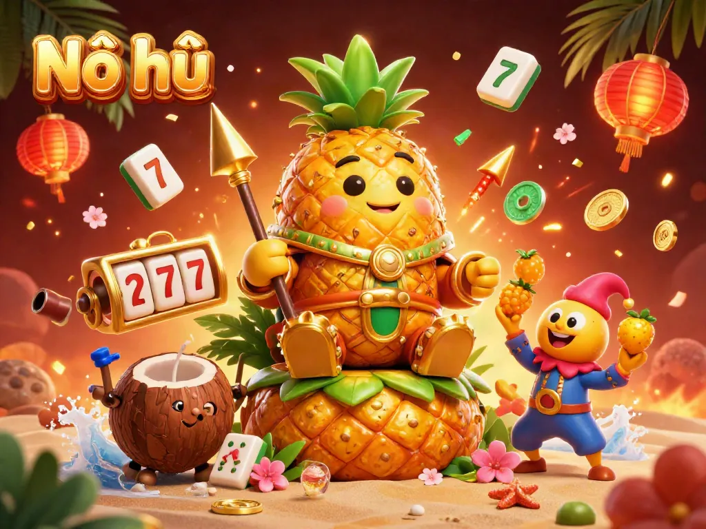 Nổ hũ game action featuring a golden pineapple king and dynamic casino elements around a vibrant beach setting.