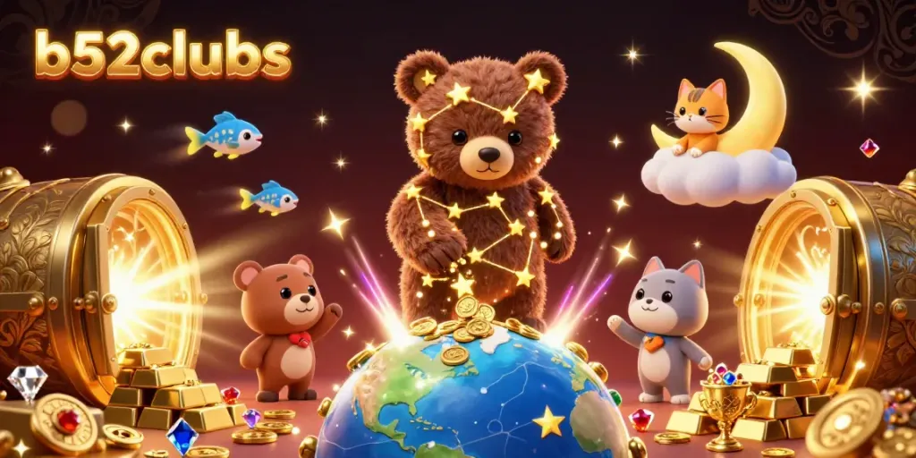 Experience excitement at b52clubs, where the constellation bear collects treasures amid shimmering gems and casino vibes.