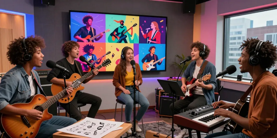 KI Singen Bild: Gruppe von Musikern in modernem Studio, inspiriert von kreativen digitalen Bildern.
