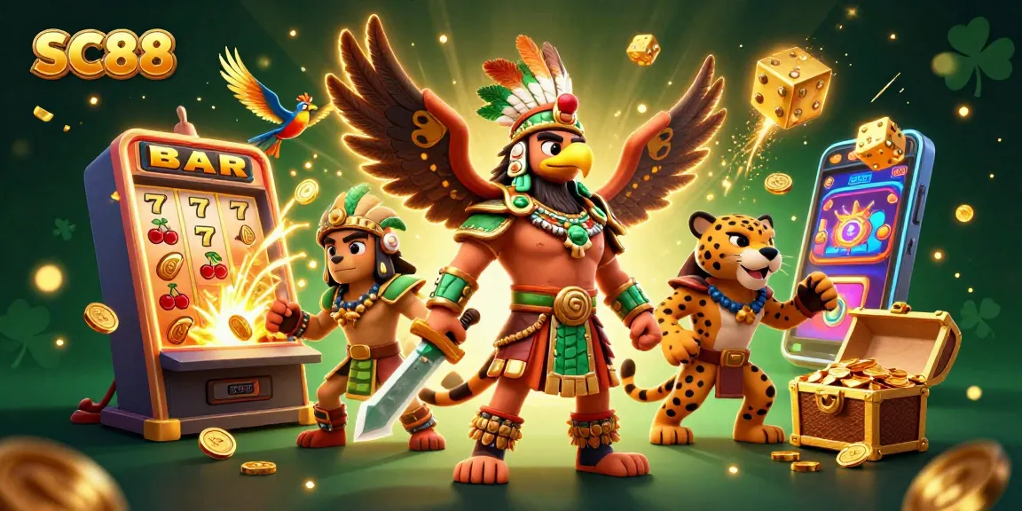 Experience SC88 jackpots with a vibrant casino scene of Aztec warriors and exciting game elements.