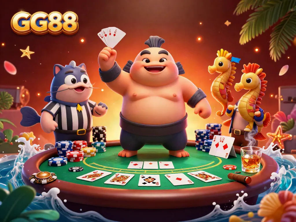 Engage in exhilarating gameplay at GG88, featuring the lively underwater poker scene with colorful characters.
