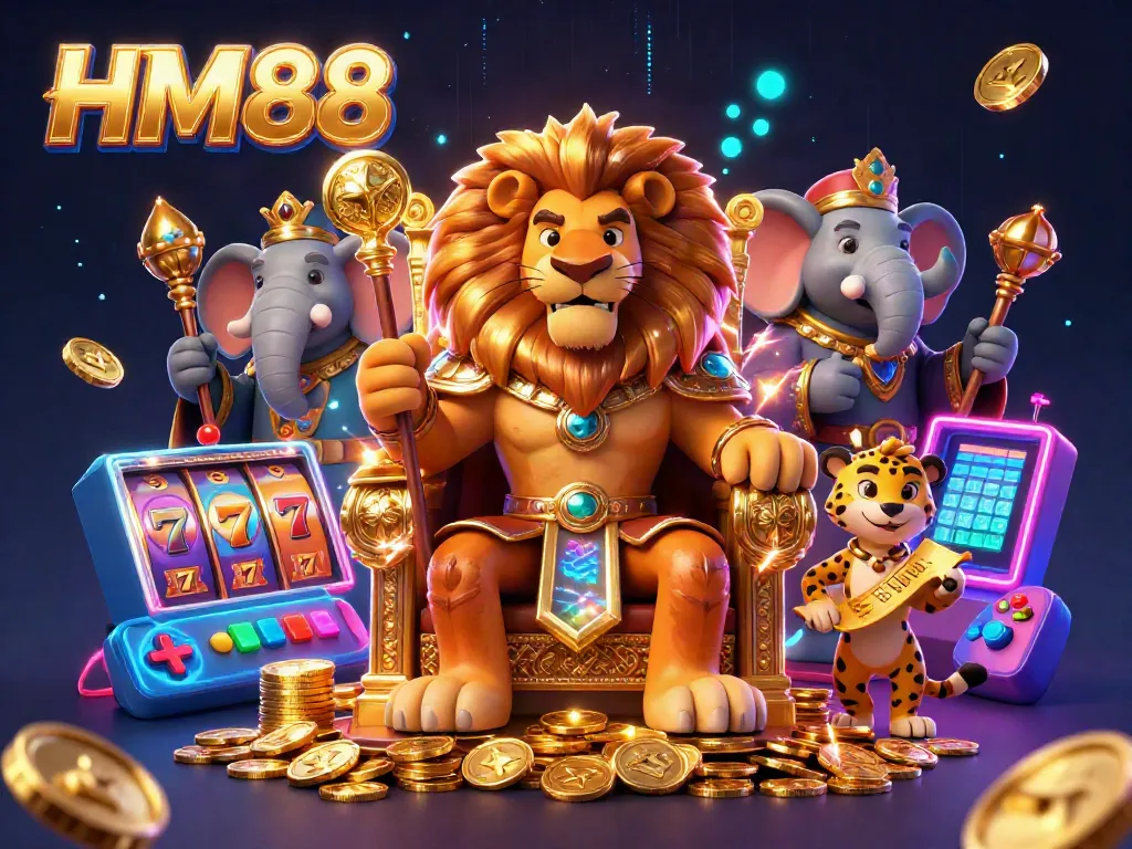 Experience the thrilling ambiance of HM88 with a lion king and vibrant casino elements.