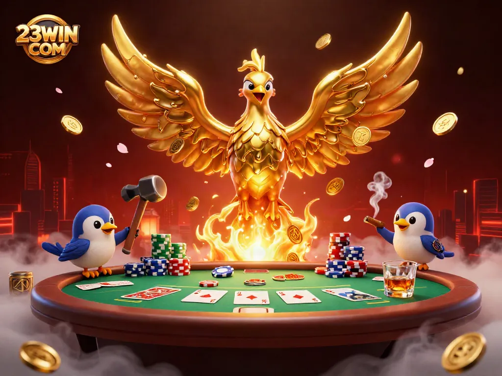 Experience the thrill of poker at 23WIN COM with a golden phoenix and poker elements.
