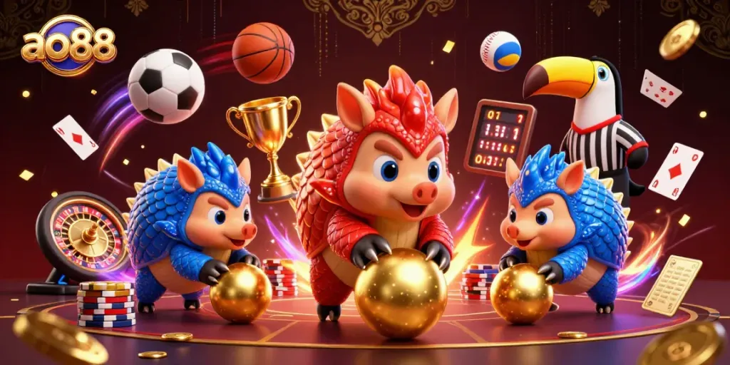 ao88 pangolins in dynamic gambling action with chips and casino elements